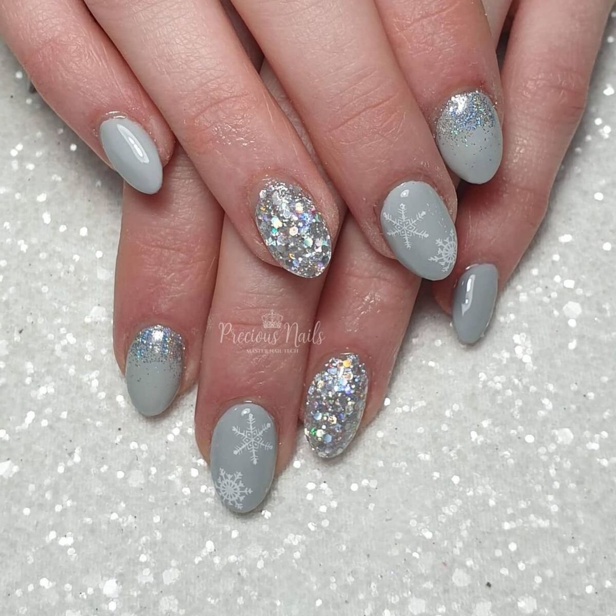 15. Soft Gray with Snowflakes and Glitter Accents