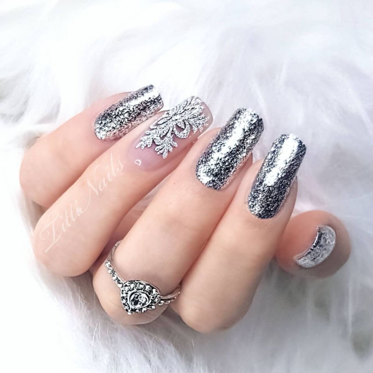 7. Silver Glitter Glam with Lace Snowflake Detail