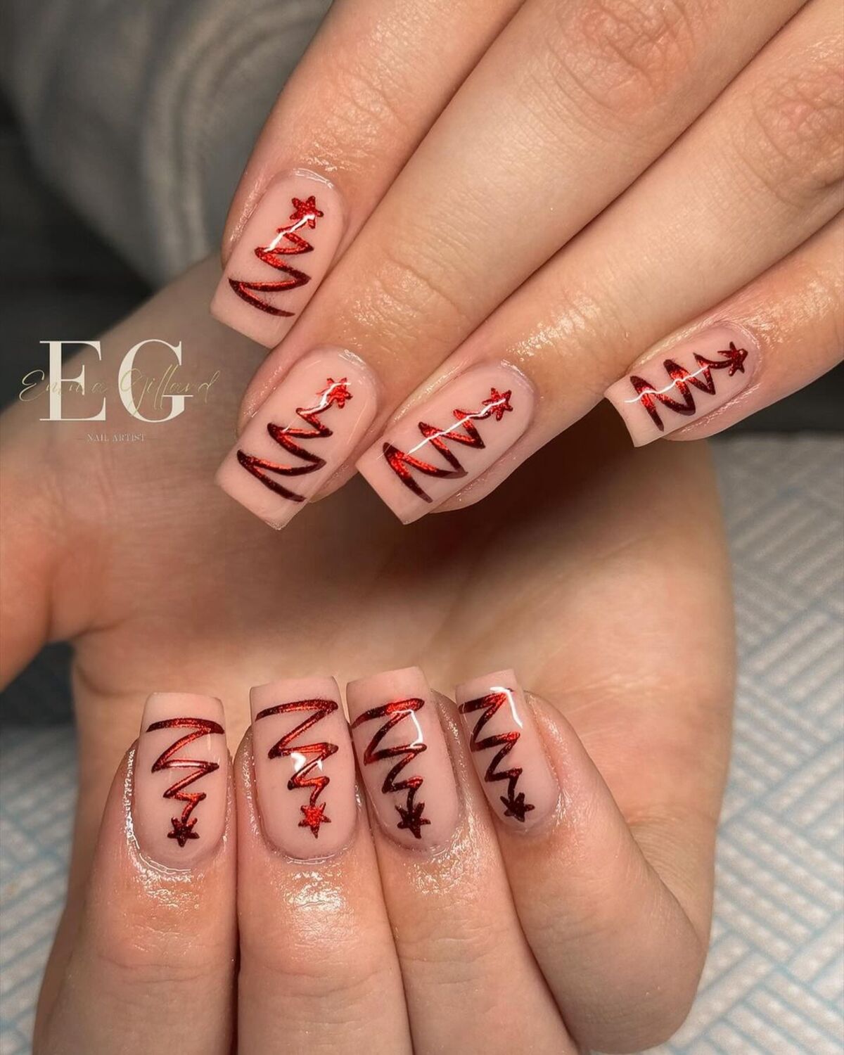 12. Red Christmas Tree Swirls on Square Nails