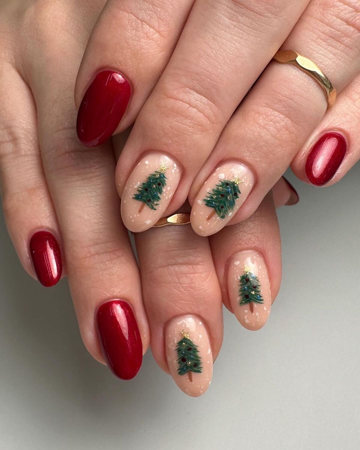 13. Classic Red with Hand-Painted Christmas Trees