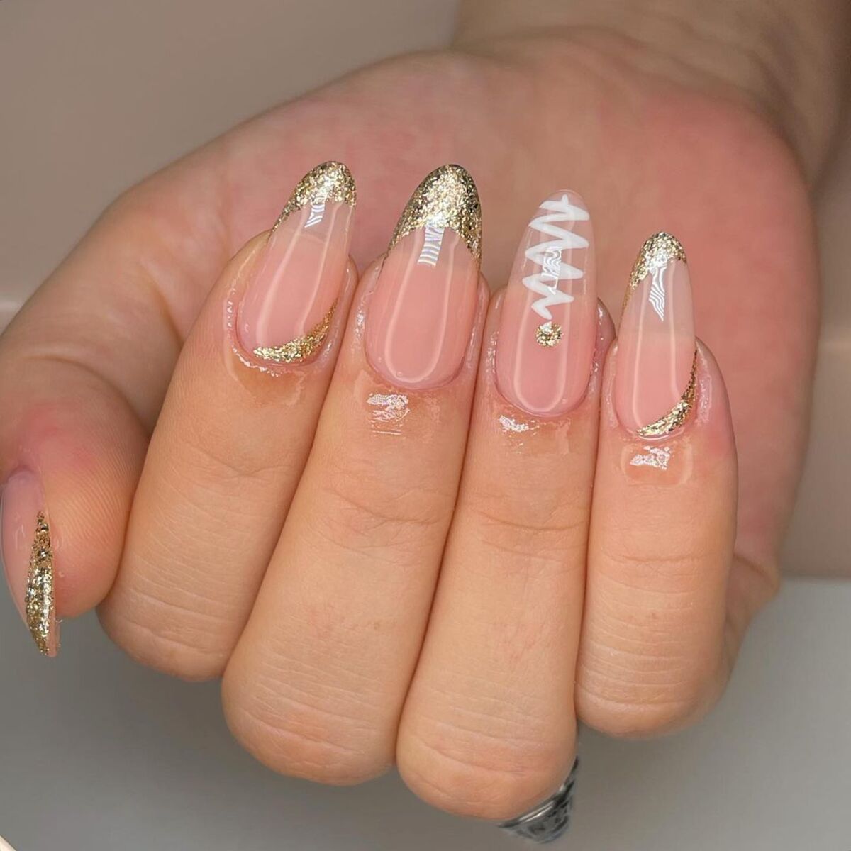 27. Golden French Tips with Minimalist Christmas Tree