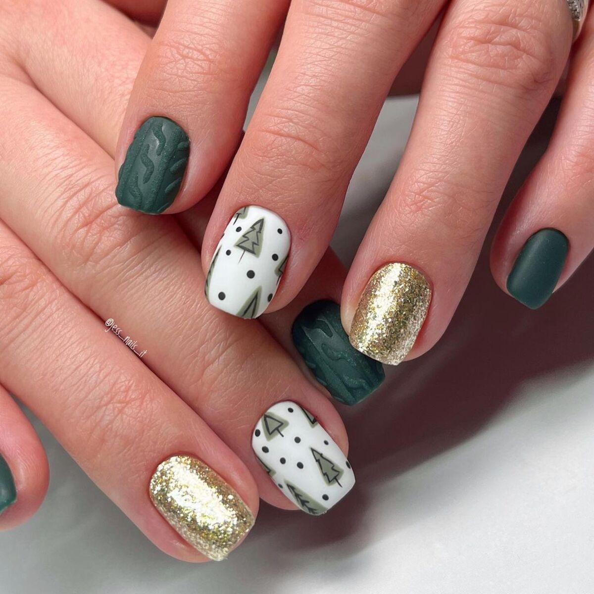 6. Matte Green and Gold Glitter Christmas Nail Art