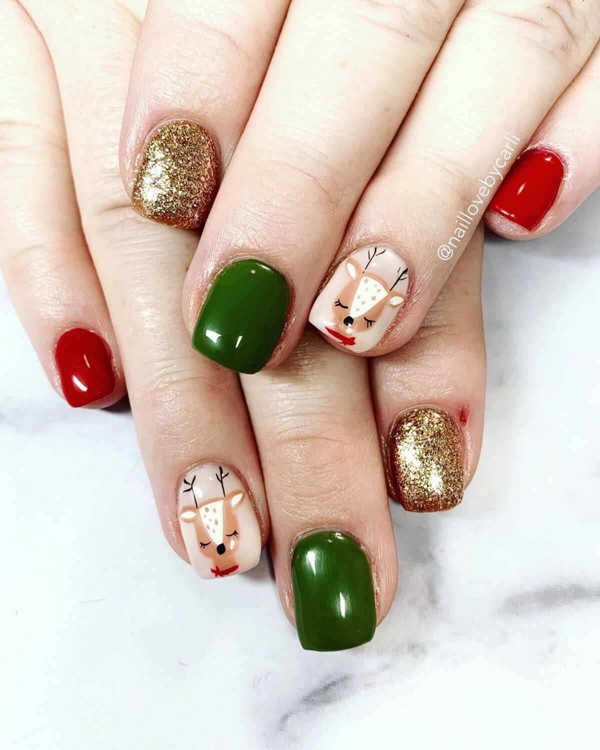 Festive Red, Green, and Gold Reindeer Nails