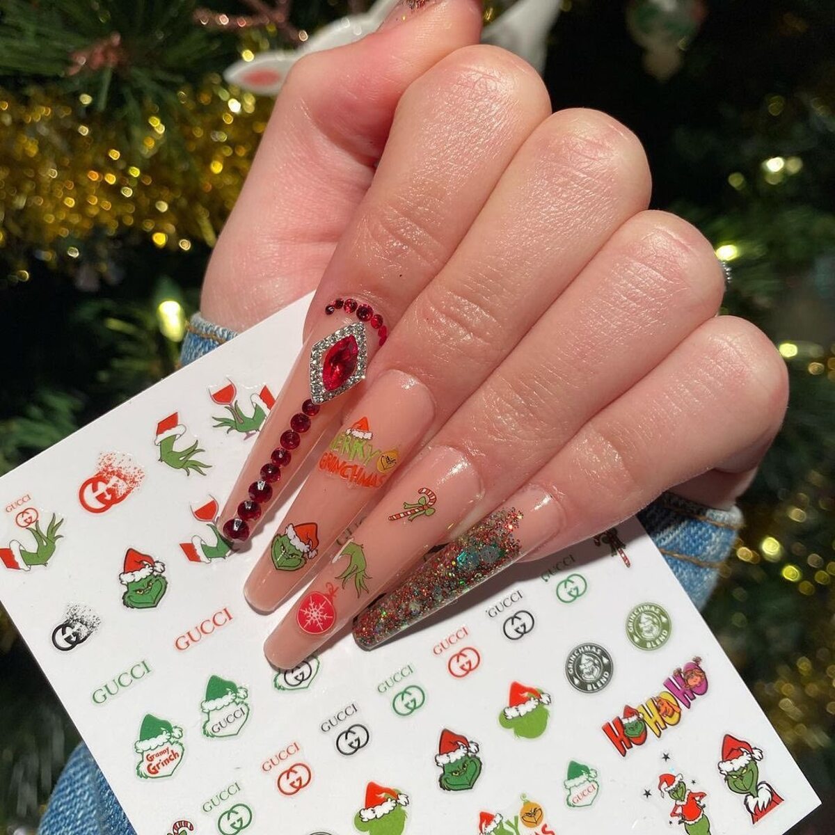 25. Whimsical Grinch Stickers with Sparkling Red Gems