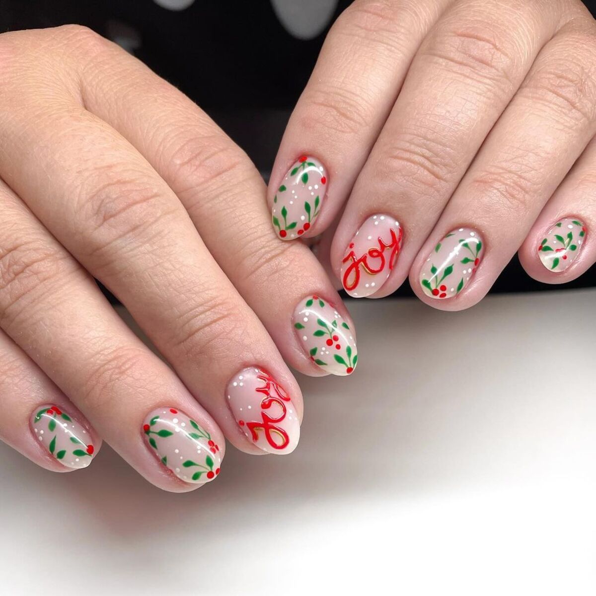 6. Joyful Holly and Berries on Nude Nails