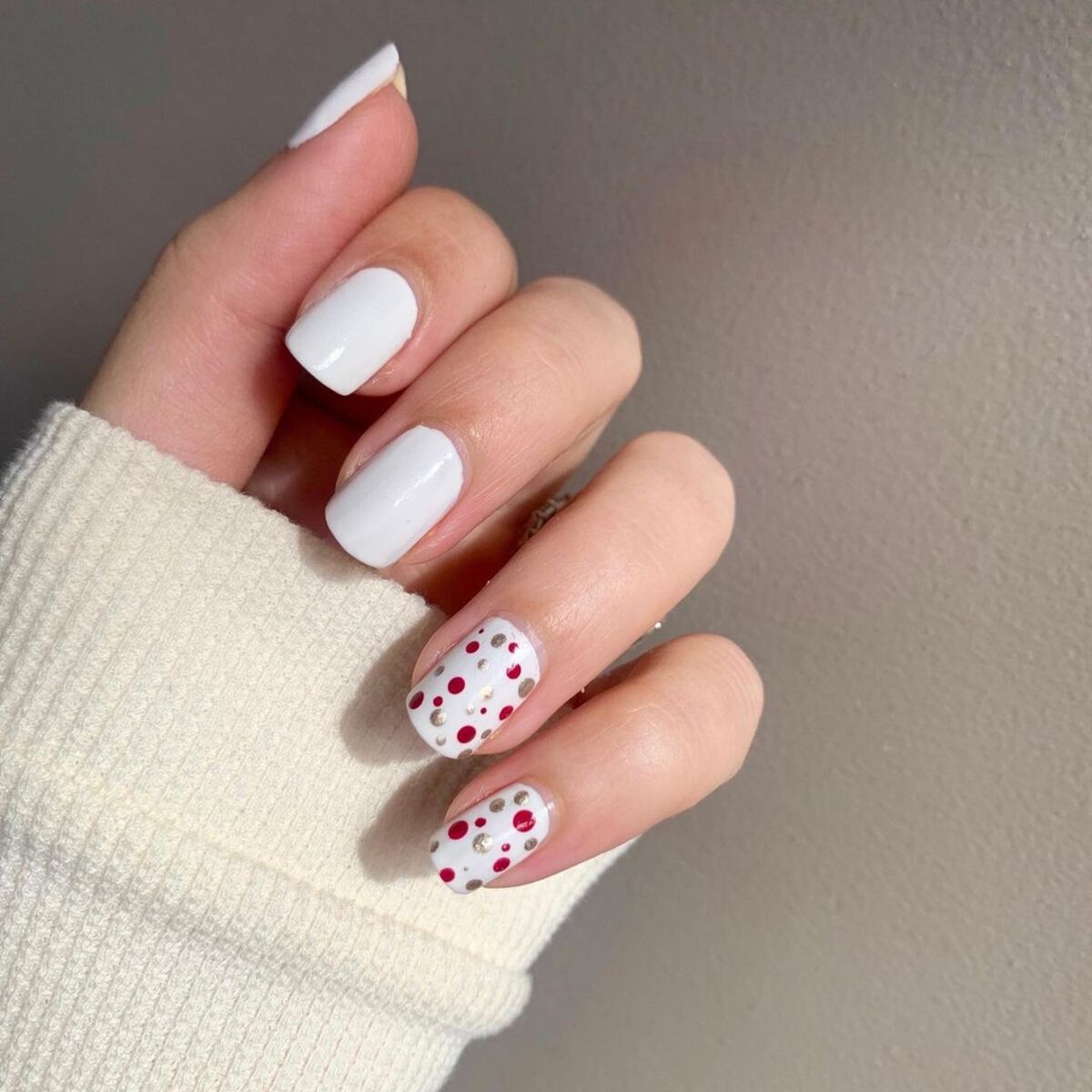 13. Minimalist White with Red and Gold Polka Dots