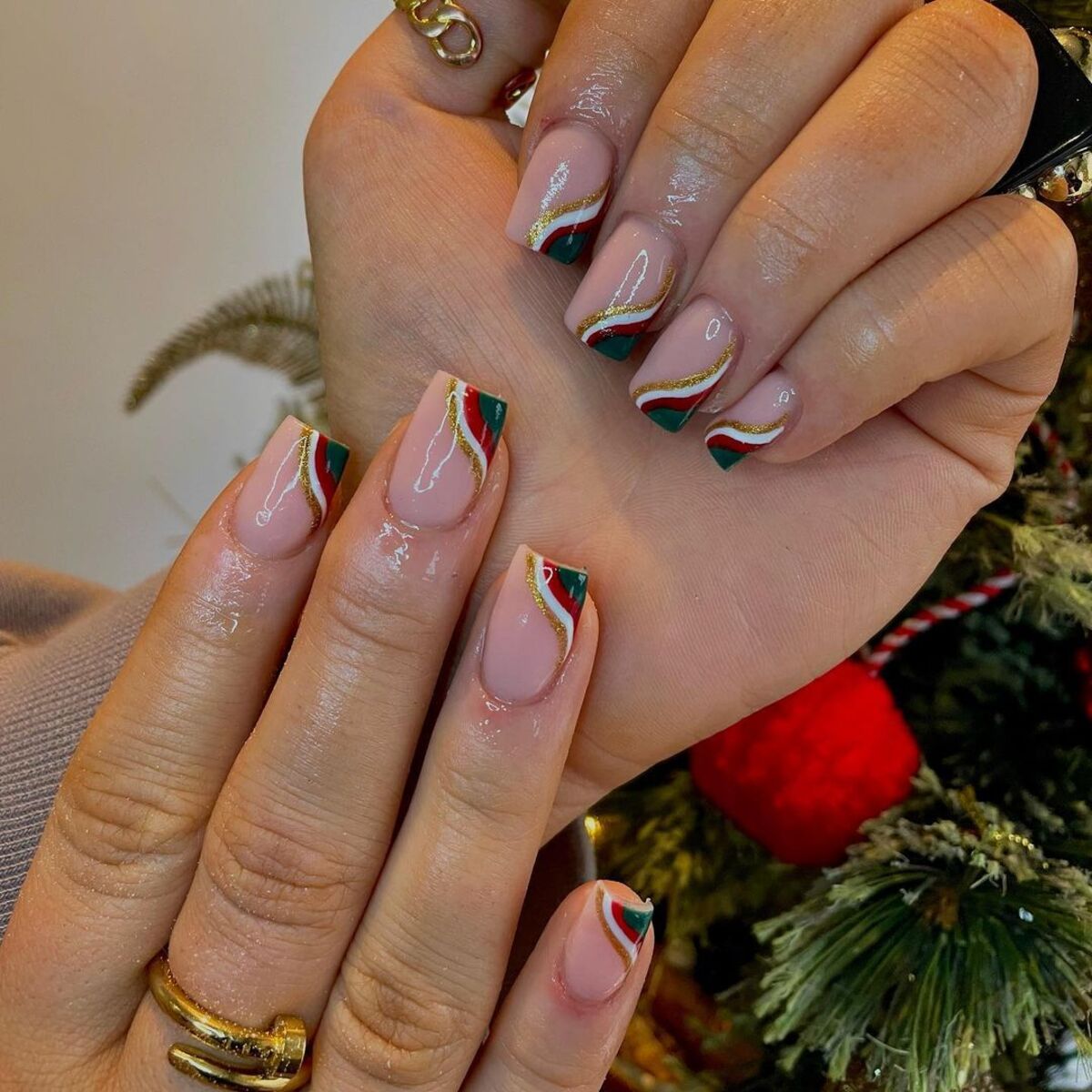 13. Christmas Ribbon-Inspired French Tips