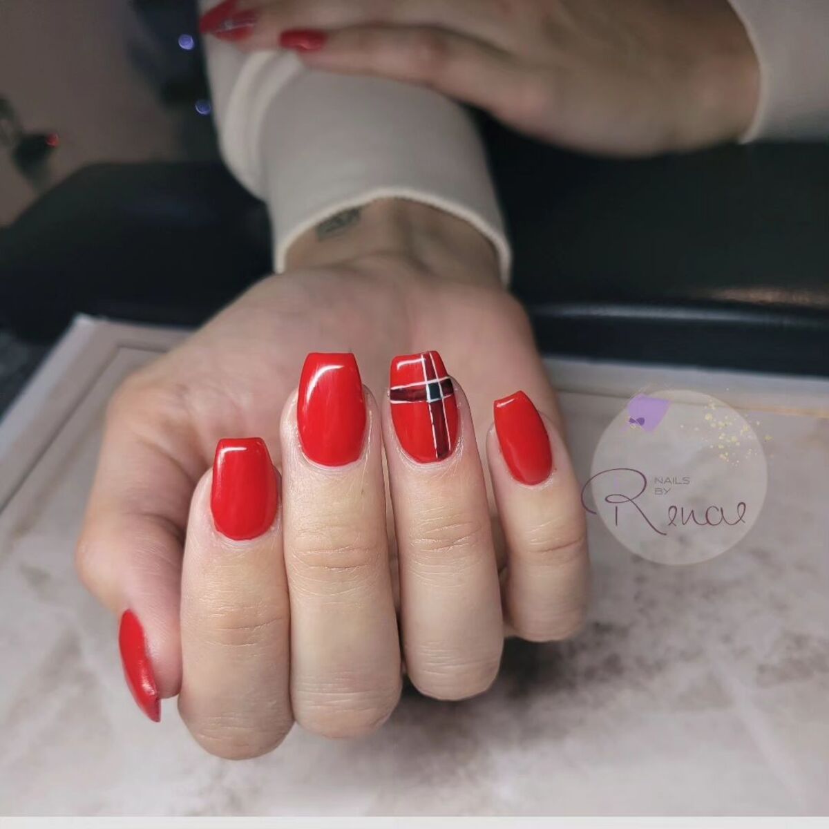 16. Santa Belt Accent on Bold Red Nails