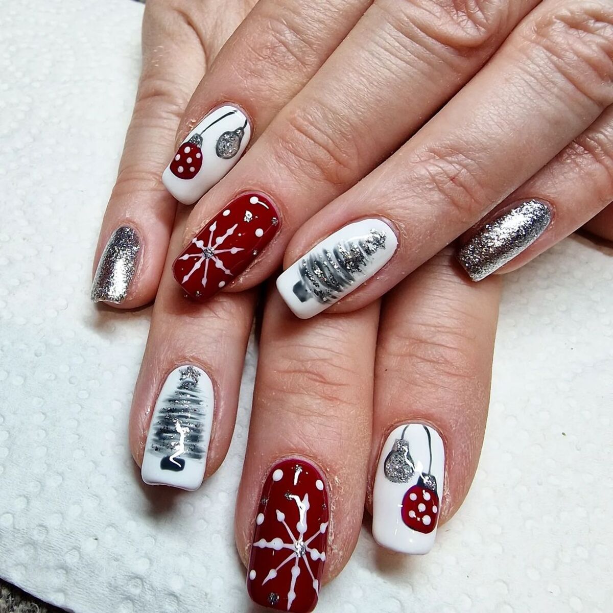 26. Silver Trees and Snowflakes on Red and White