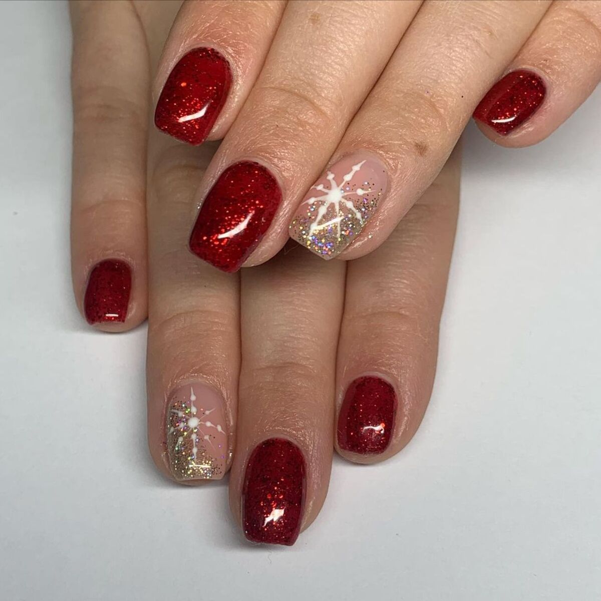 28. Classic Red with Glitter and Snowflake Accent