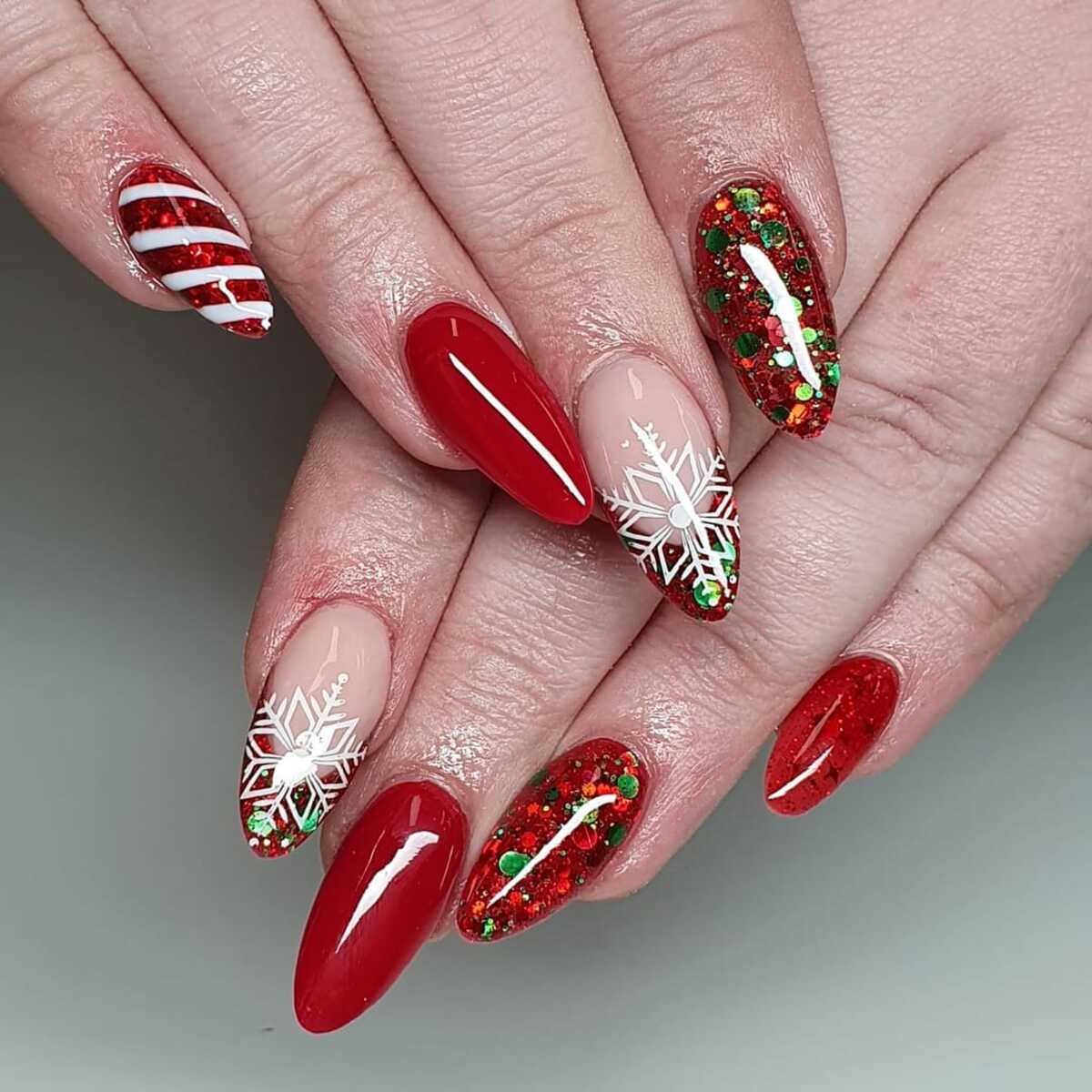 7. Classic Christmas Red with Glitter and Snowflakes