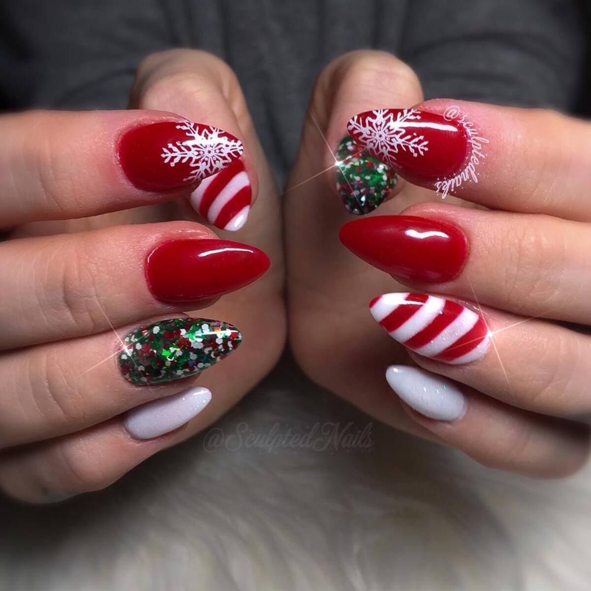 22. Red and Green Glitter with Bold Candy Stripes