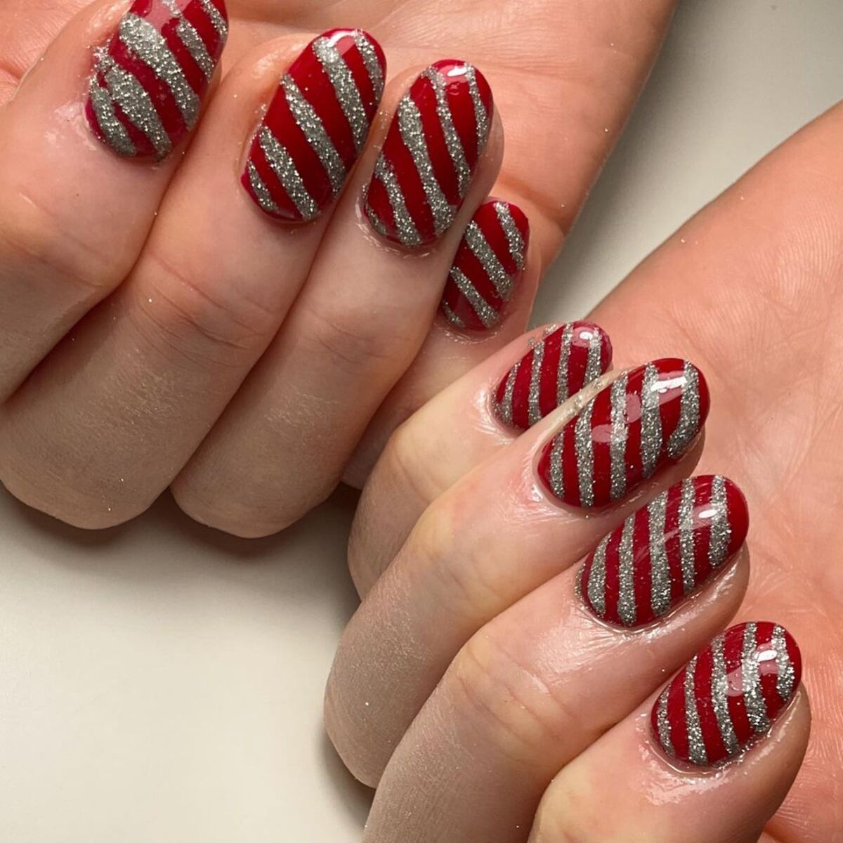 24. Diagonal Red and Silver Glitter Stripes