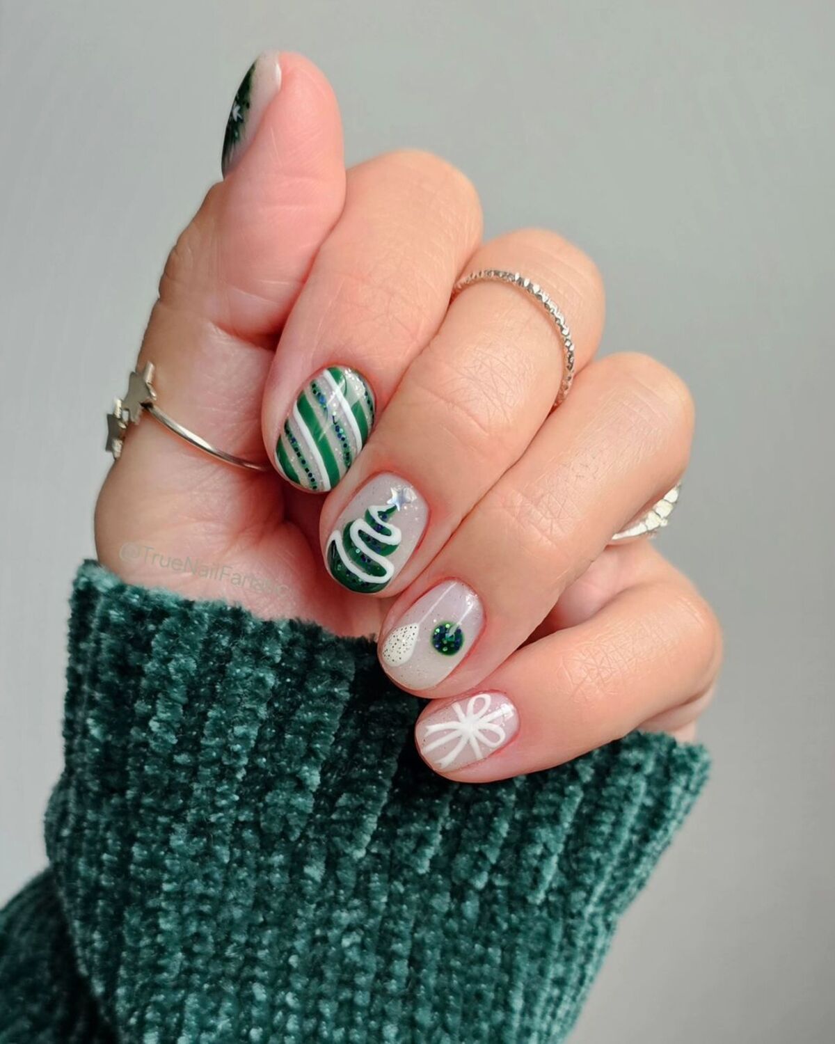 8. Green and White Stripes with Christmas Tree Details