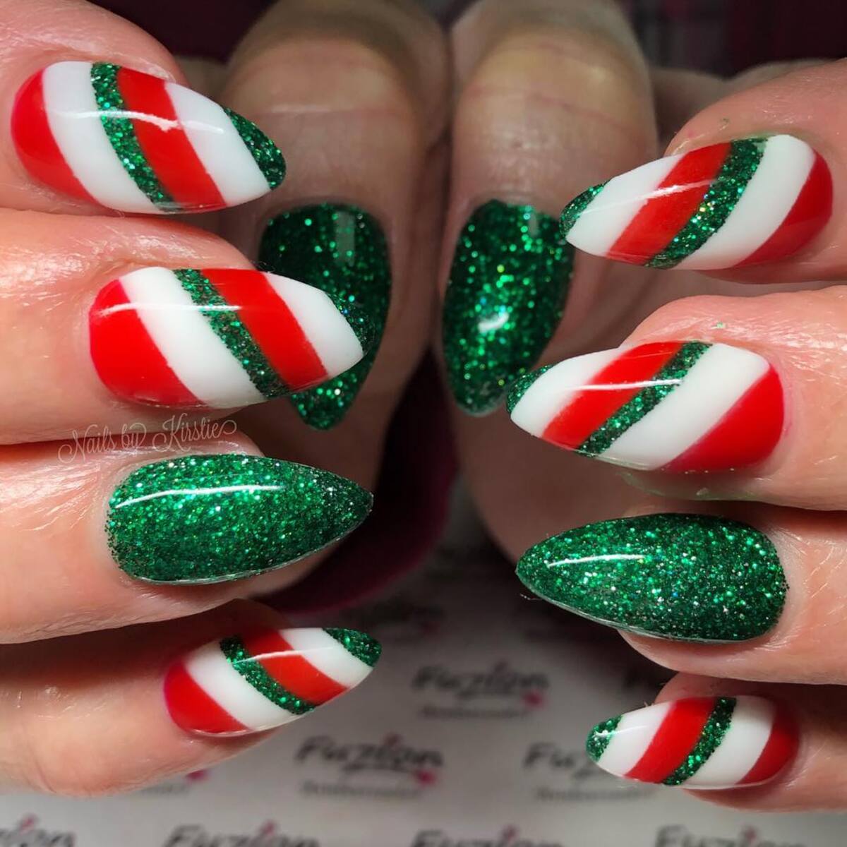 9. Bold Green and Red Glitter Candy Stripes