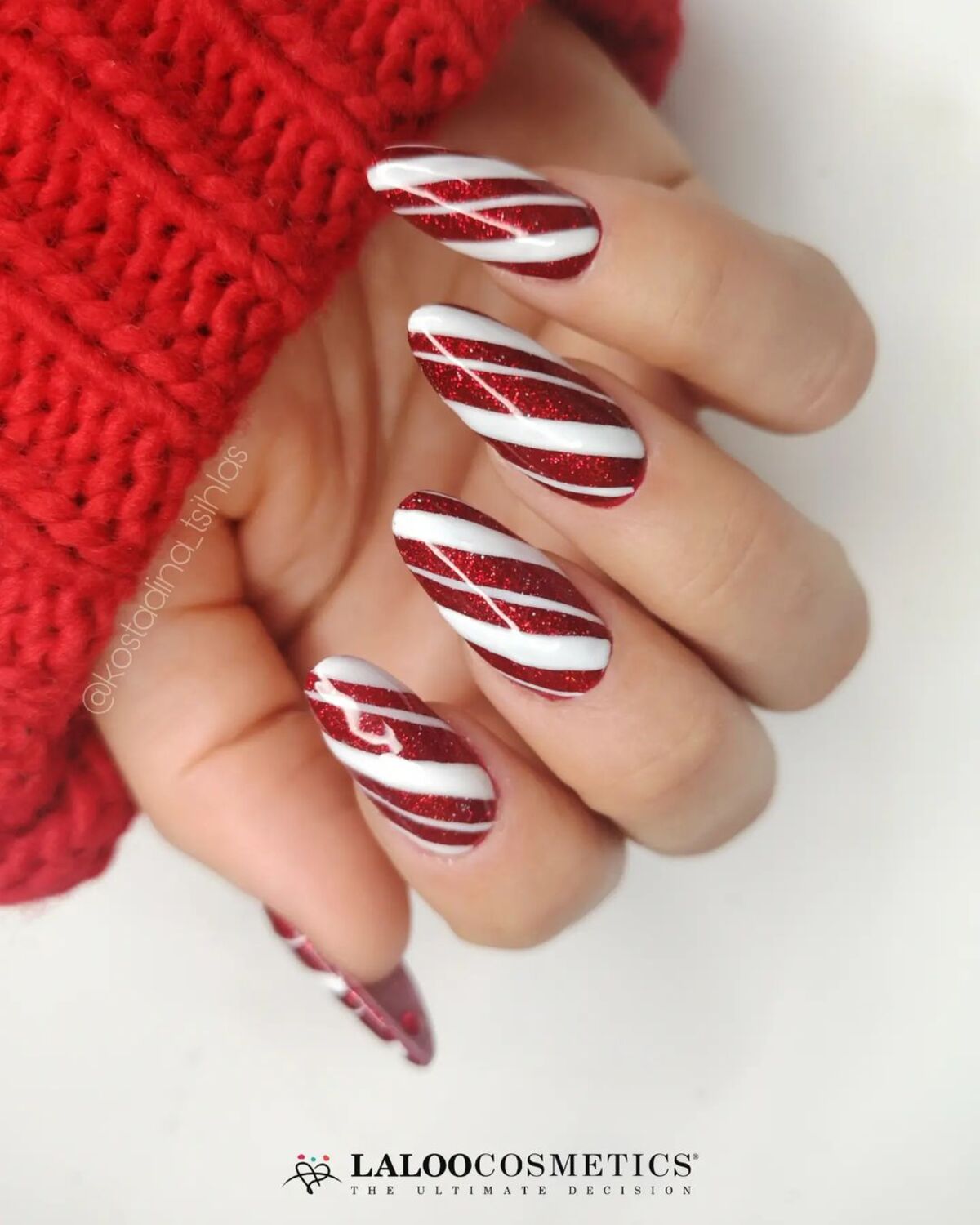 13. Bold Candy Cane Stripes on Glitter Red