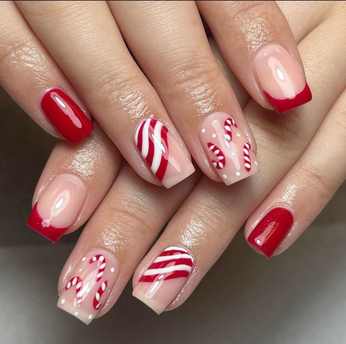 18. Candy Cane French Tips with Mini Peppermints