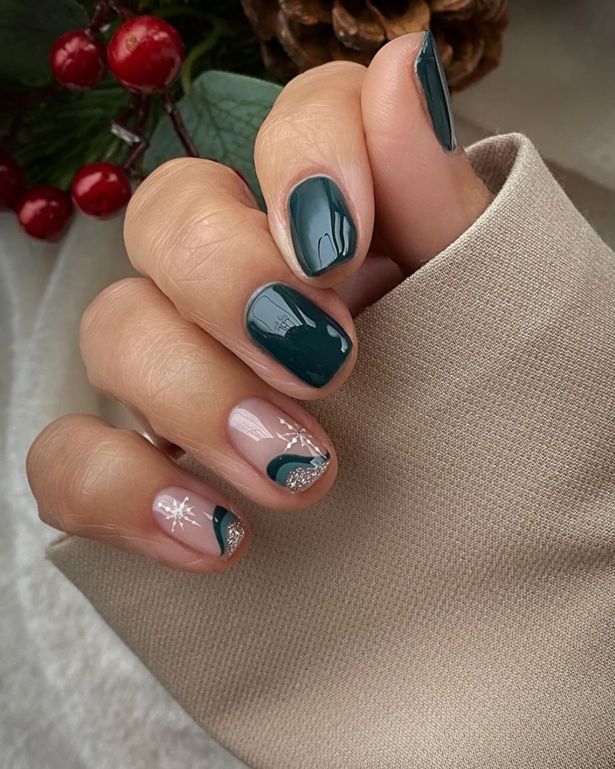 1. Forest Green Elegance with Winter Sparkle