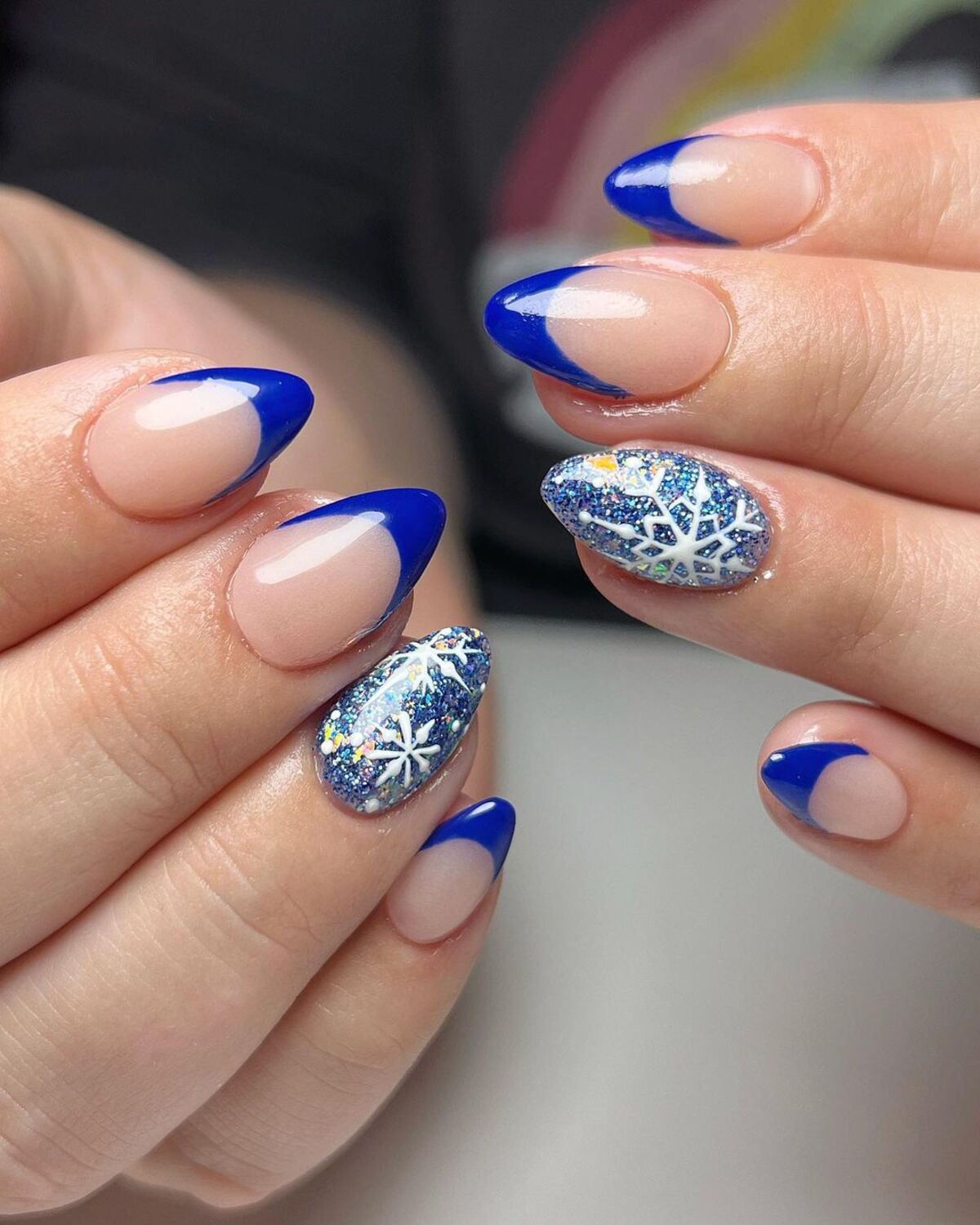 19. Royal Blue French Tips with Glitter Snowflakes