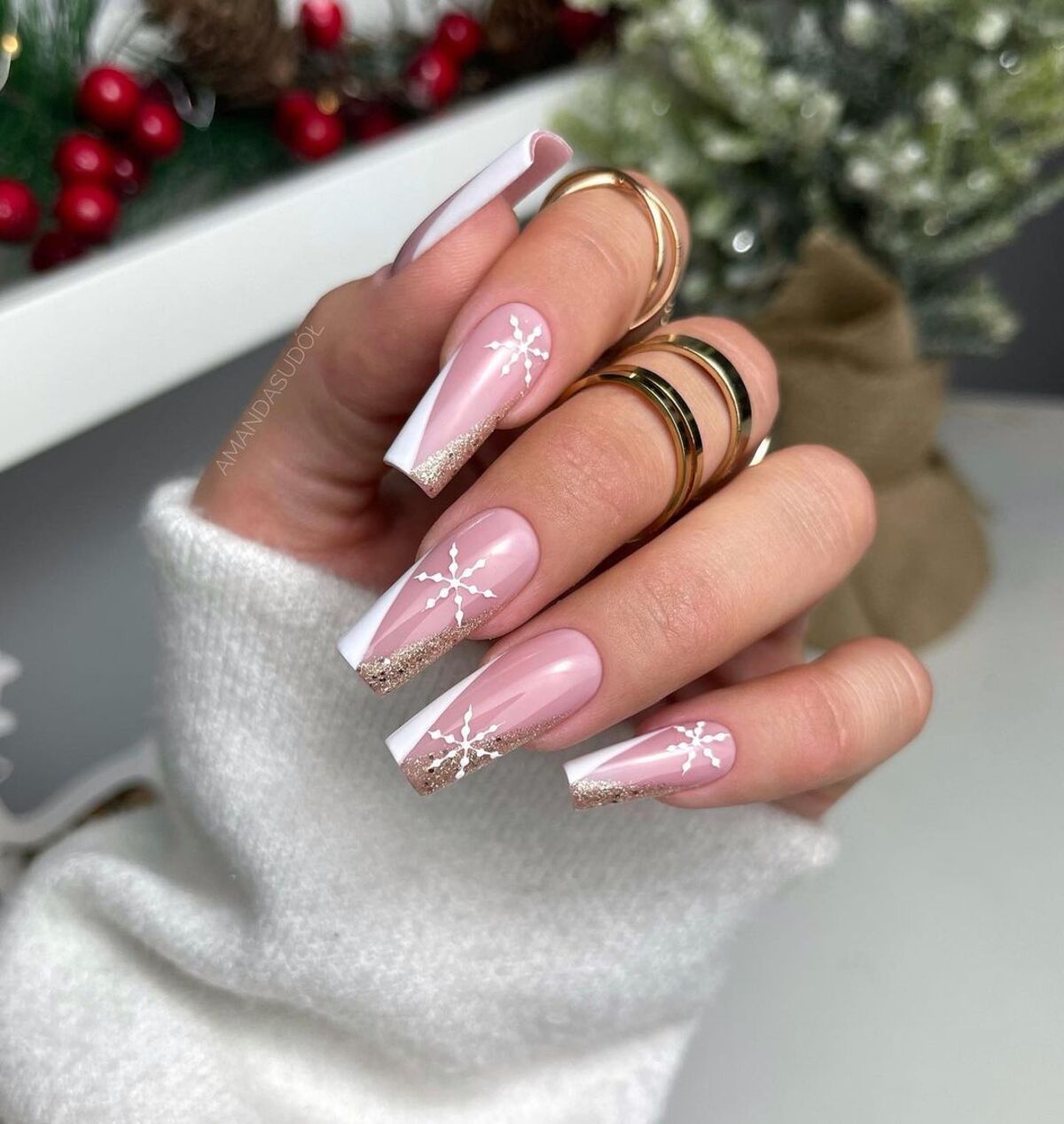 11. Winter Wonderland French Tips with Glitter and Snowflakes