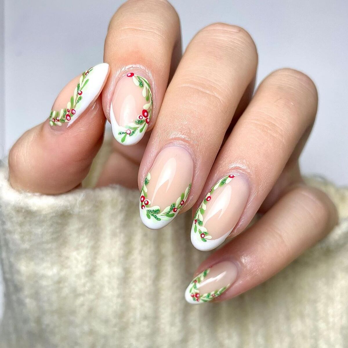 15. Holly Wreath French Tips with Red and Green Berries