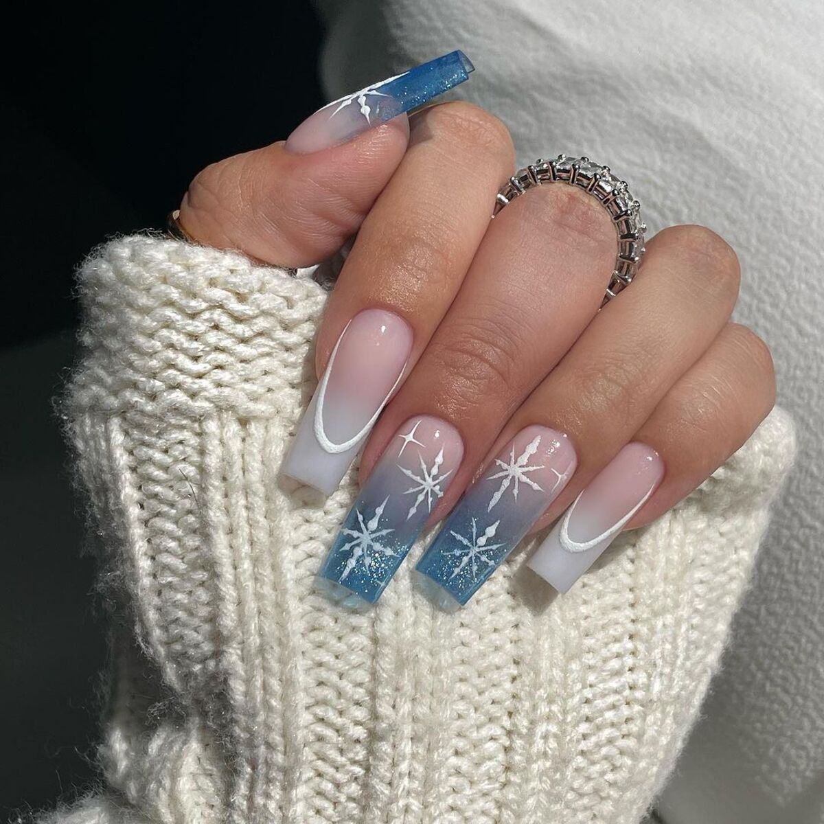 5. Winter Wonderland Ombre with Snowflake Accents