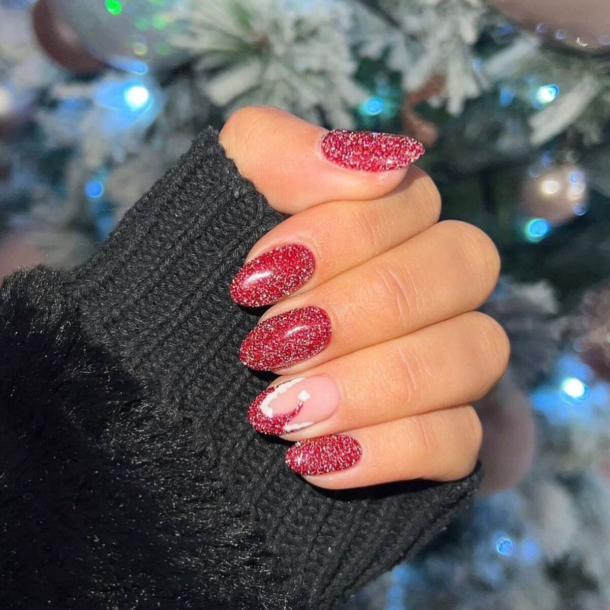 14. Red Glitter Glam with Snowflake Accent