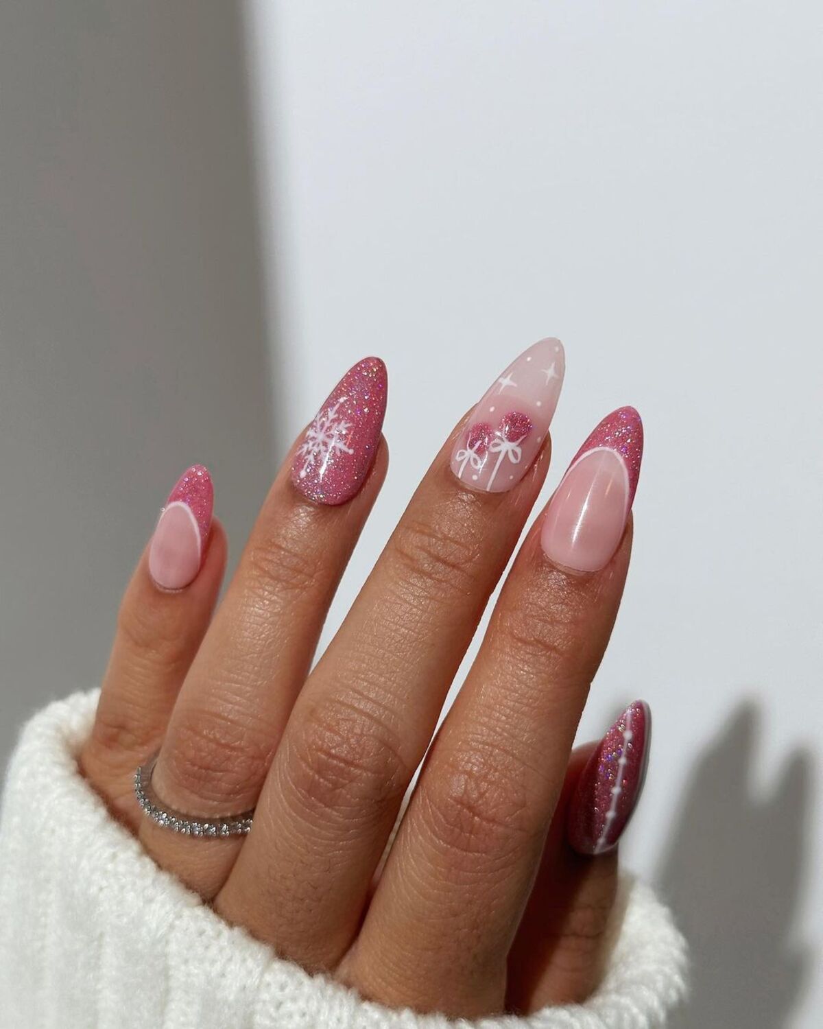 16. Soft Pink with Glitter and Snowflakes