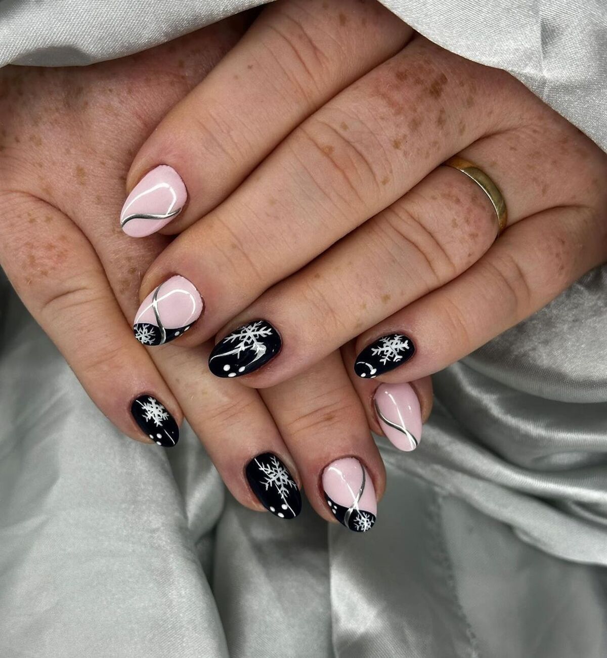 26. Black and Pink Snowflakes with Silver Accents