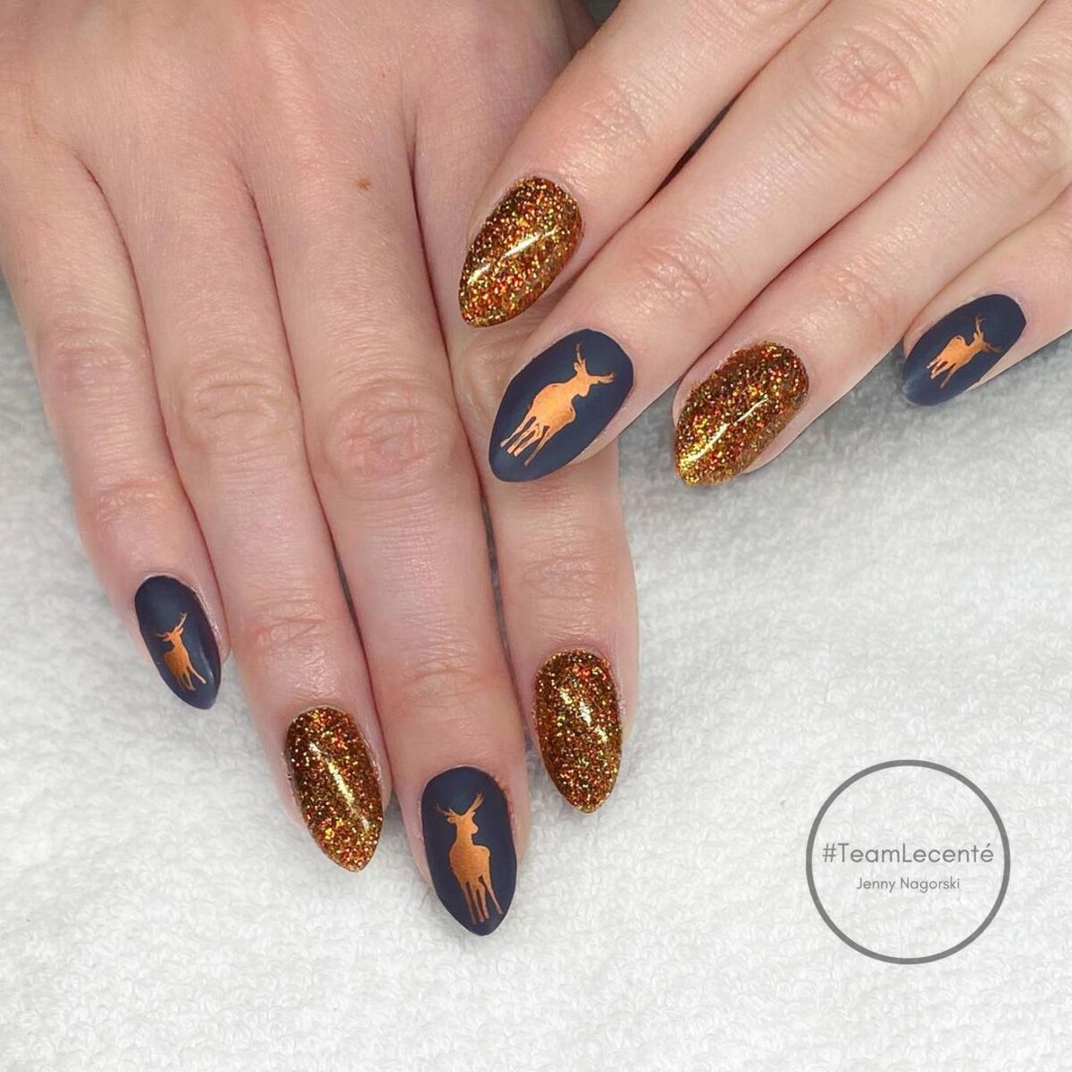 21. Festive Gold Glitter and Matte Navy with Reindeer