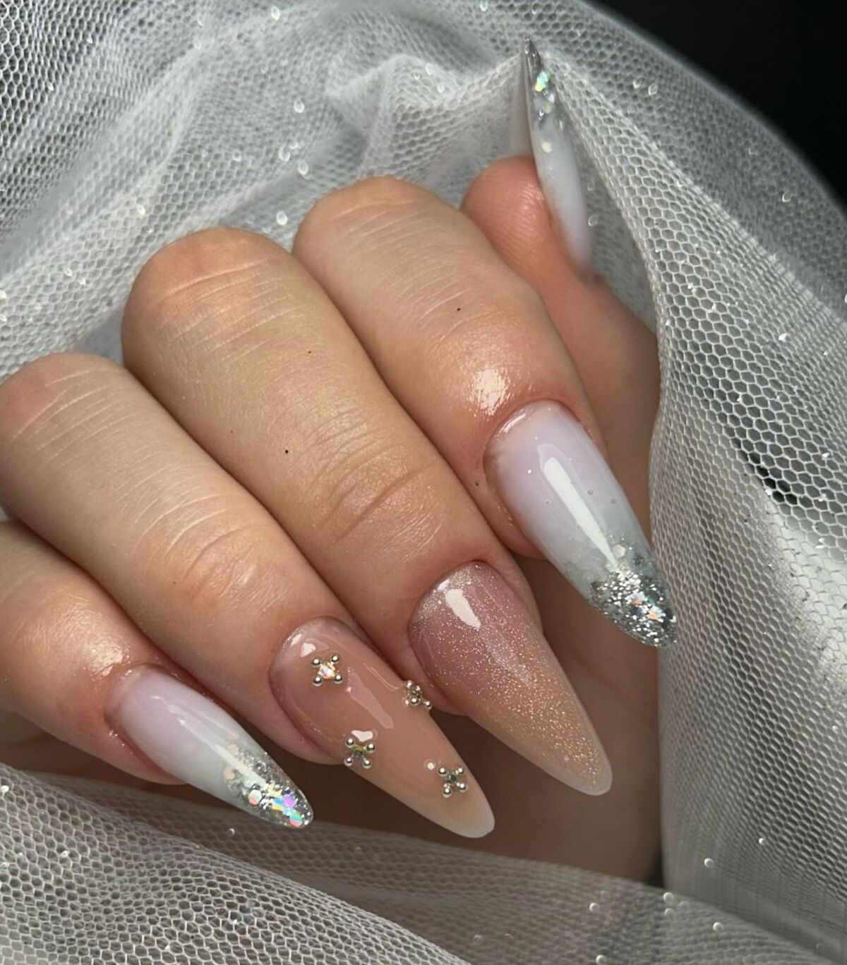 21. Elegant White Ombre with Diamond Accents