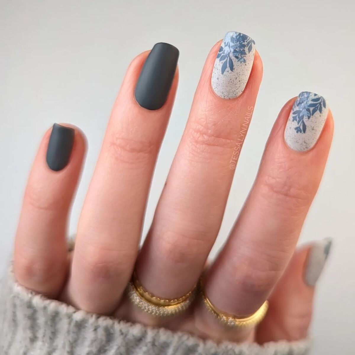 4. Muted Blue and Matte Greige Nails