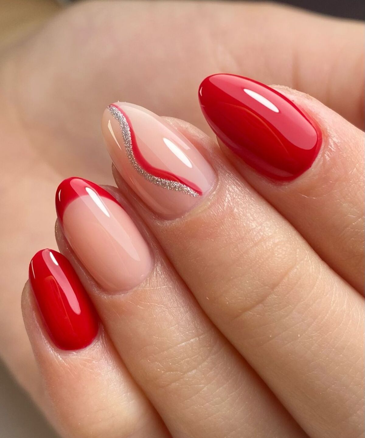 3. Glossy Red and Nude Wave Design