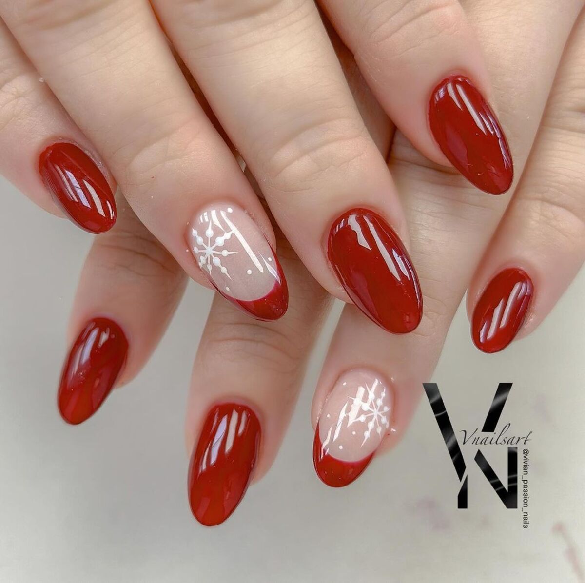 9. Minimalist Red French with Snowflakes