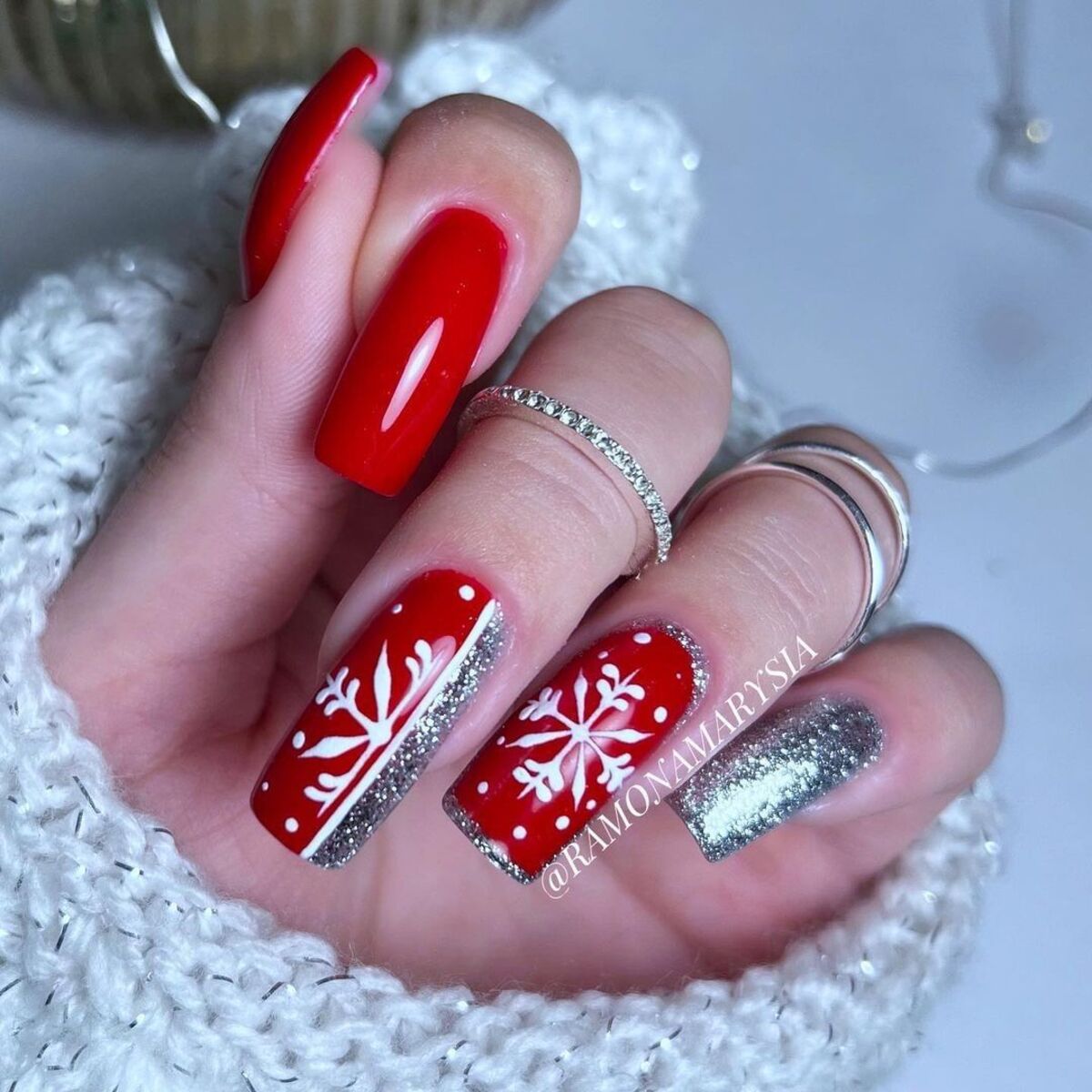 10. Classic Red with Silver Snowflakes and Glitter