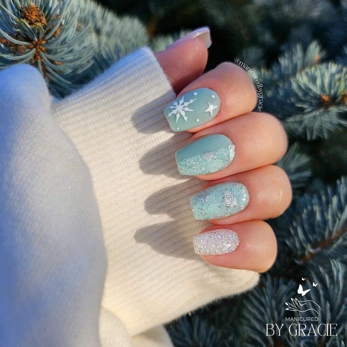 14. Icy Mint with Silver Glitter and Snowflakes