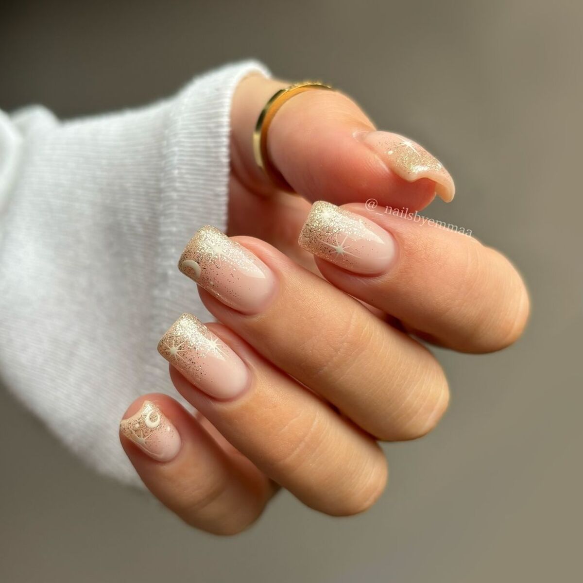 18. Champagne Gold Glitter Tips with Soft Nude Base