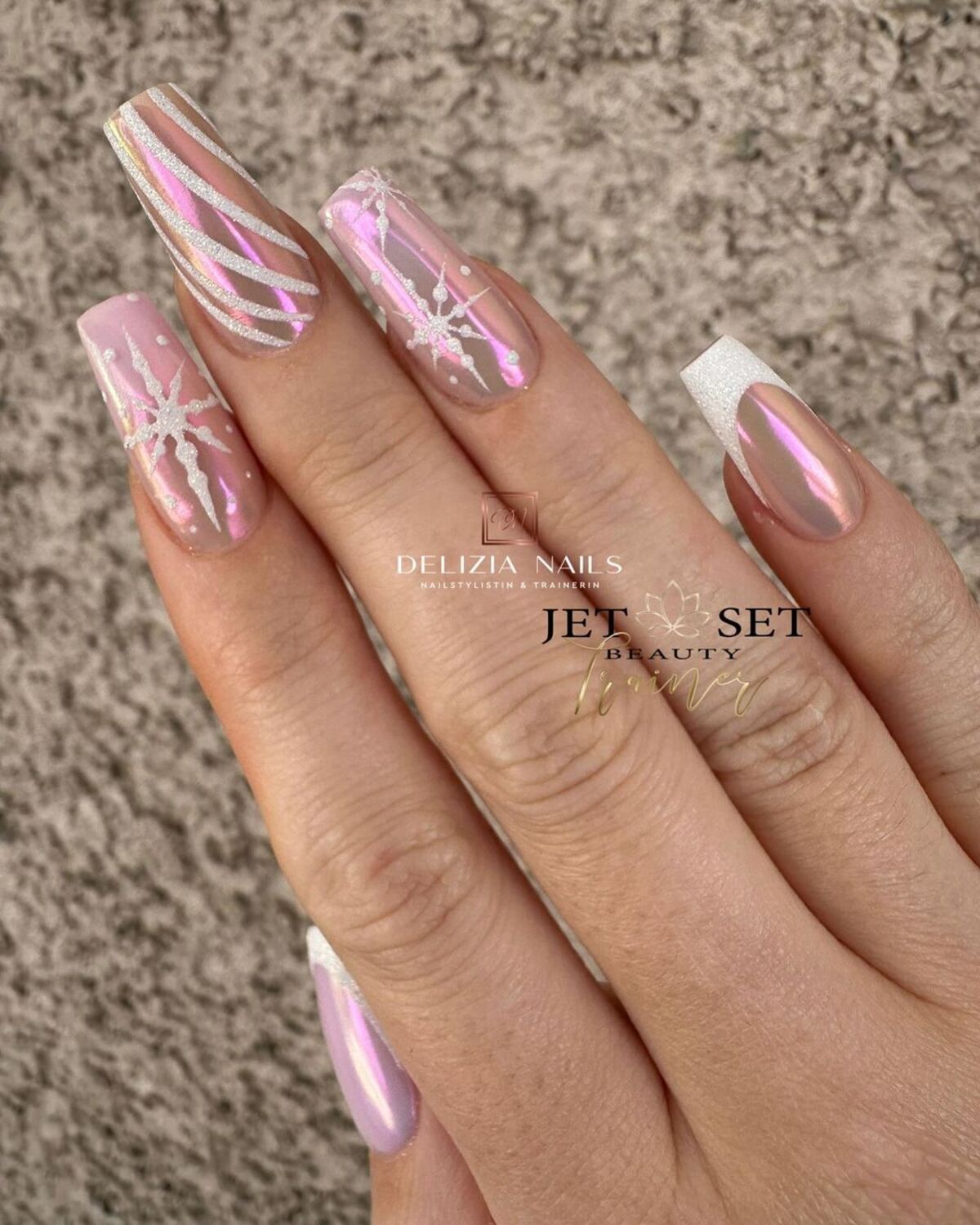 5. Shimmering Pastel Pink with Snowflake Patterns