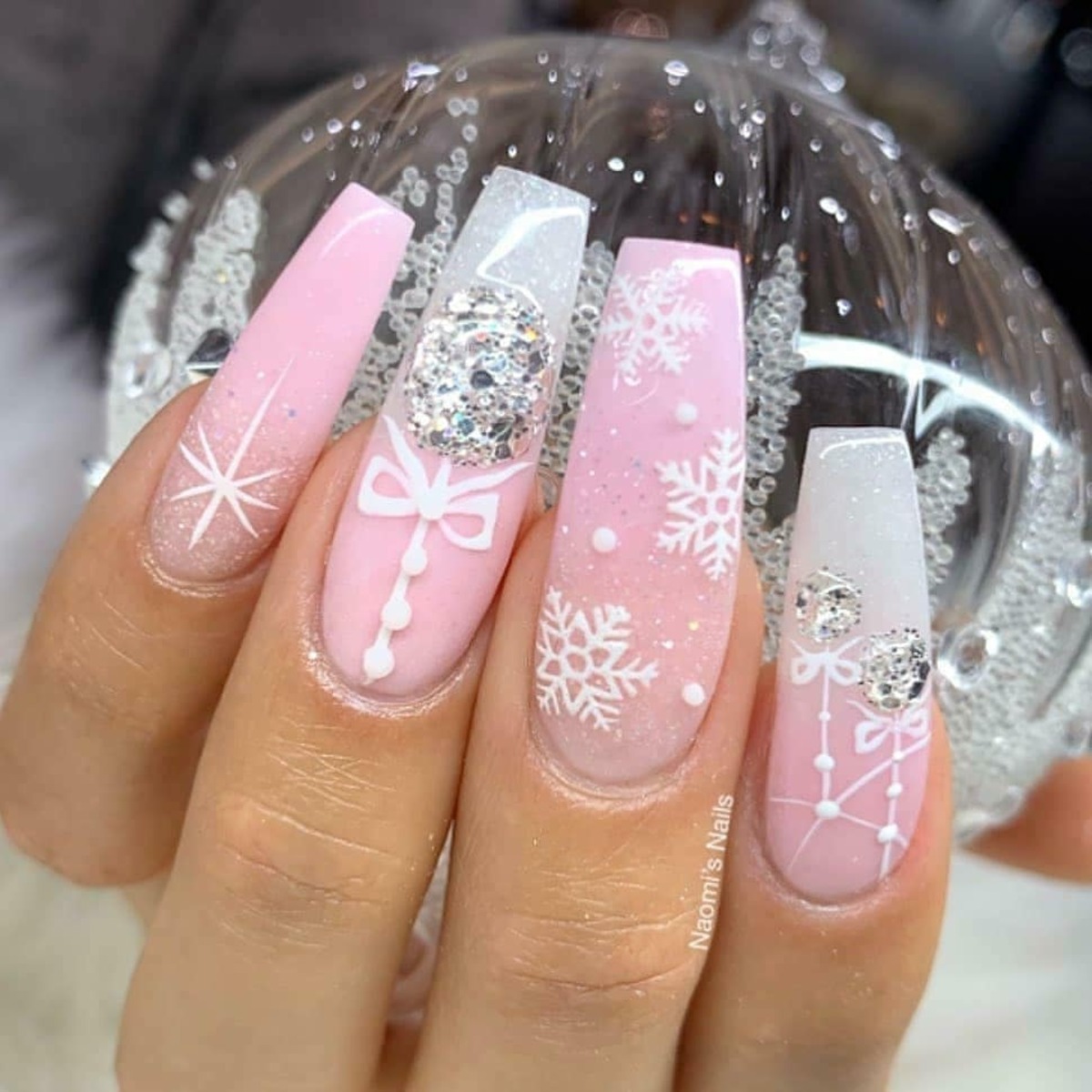 8. Pink Glitter Glam with Snowflake Details