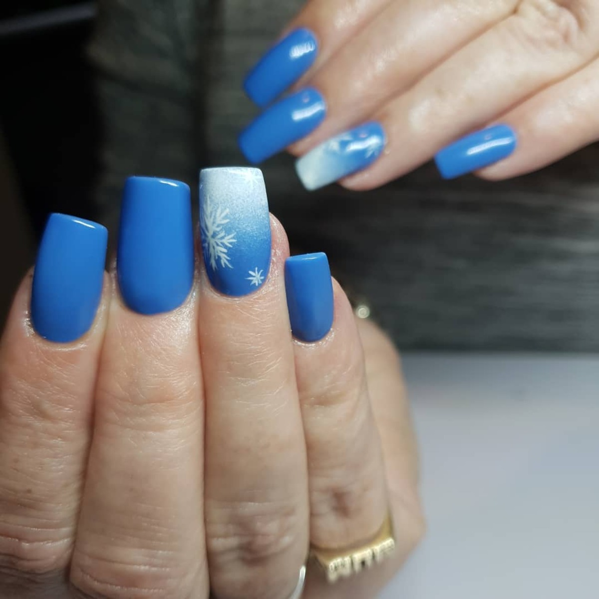 10. Frosted Blue Ombre with White Snowflake Accents