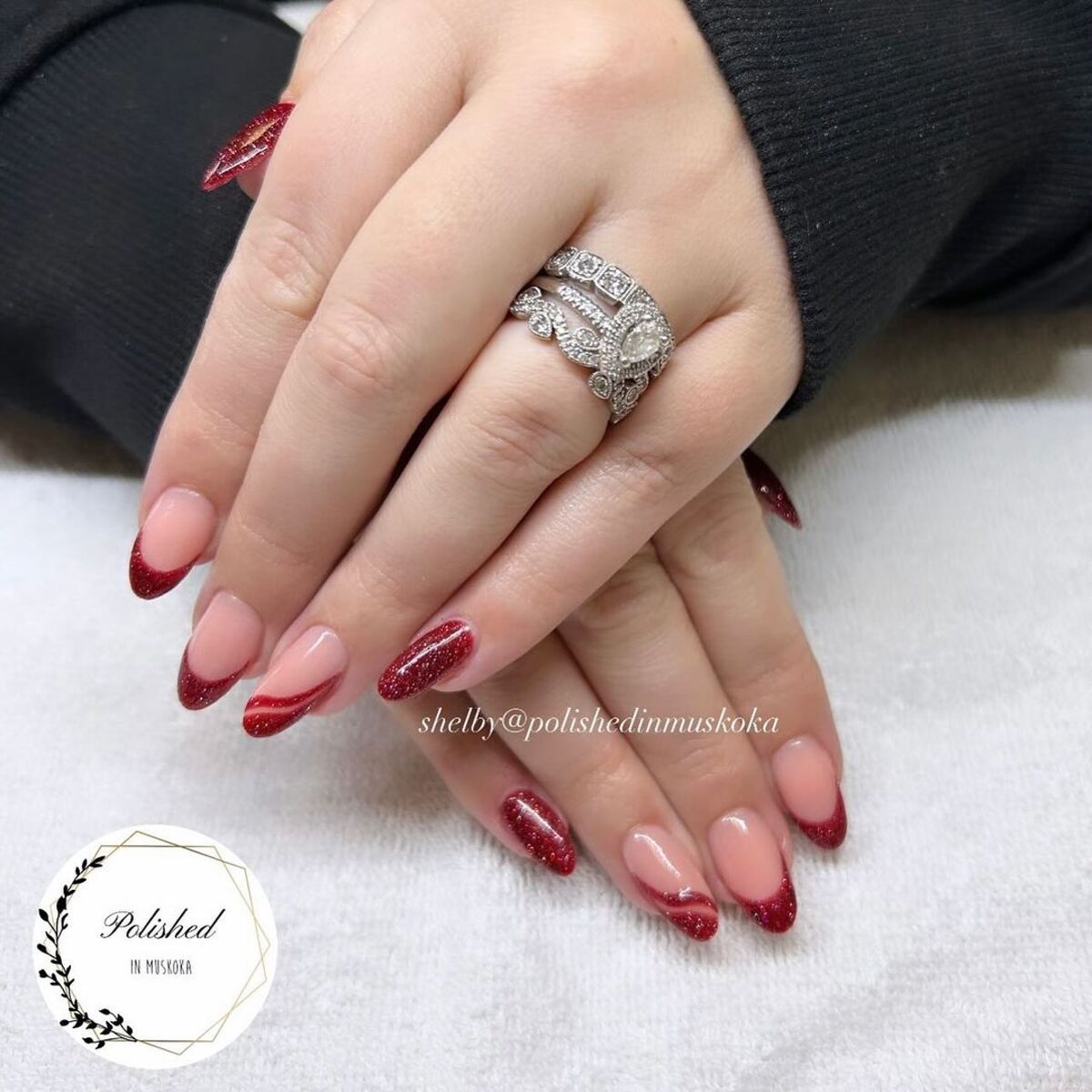 15. Deep Red Glitter French Tips