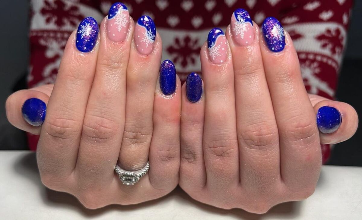 18. Starry Night Blue with Snowflake French Tips