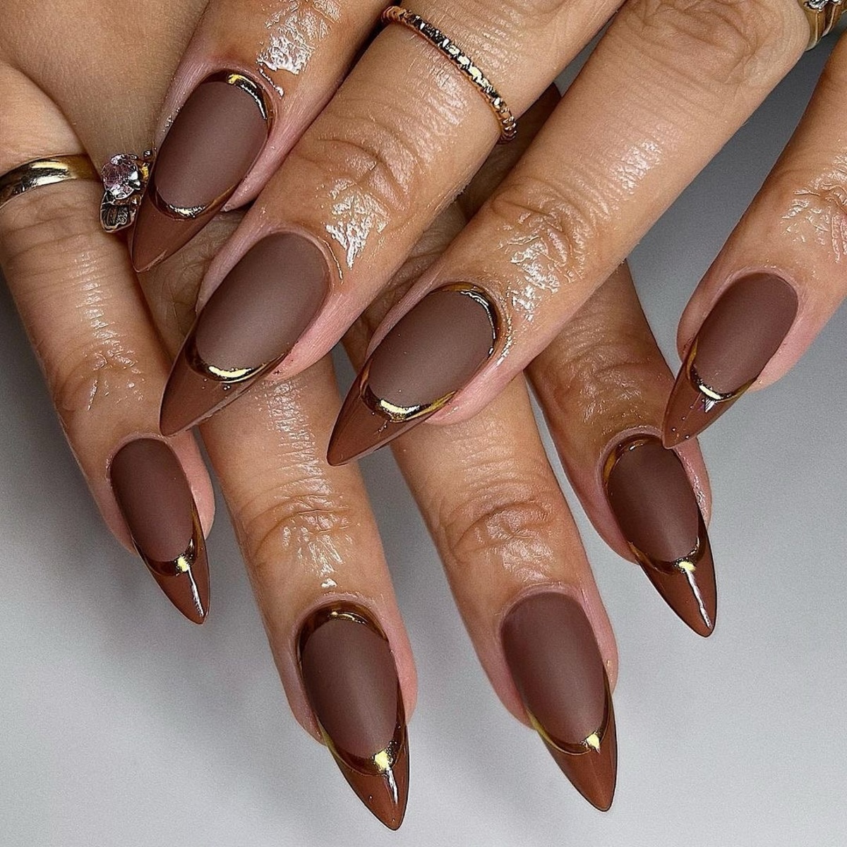 21. Matte Browns with Metallic French Tips