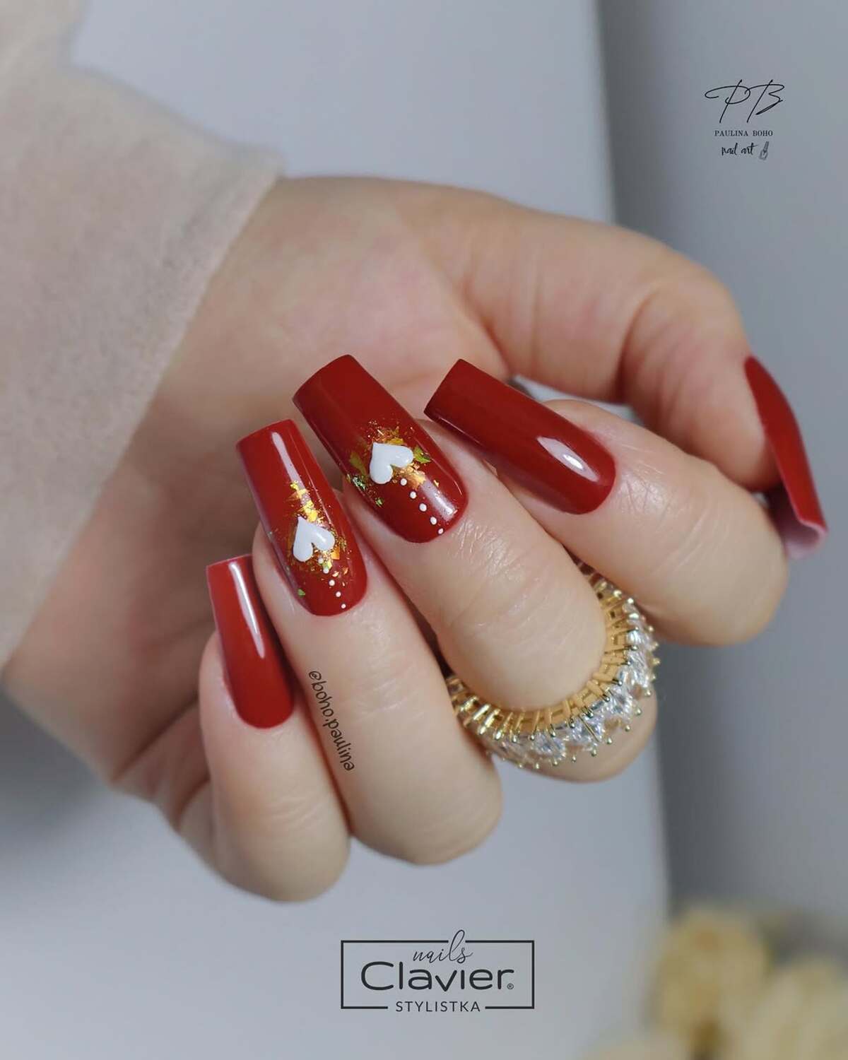 16. Classic Crimson Coffin Nails with White Hearts