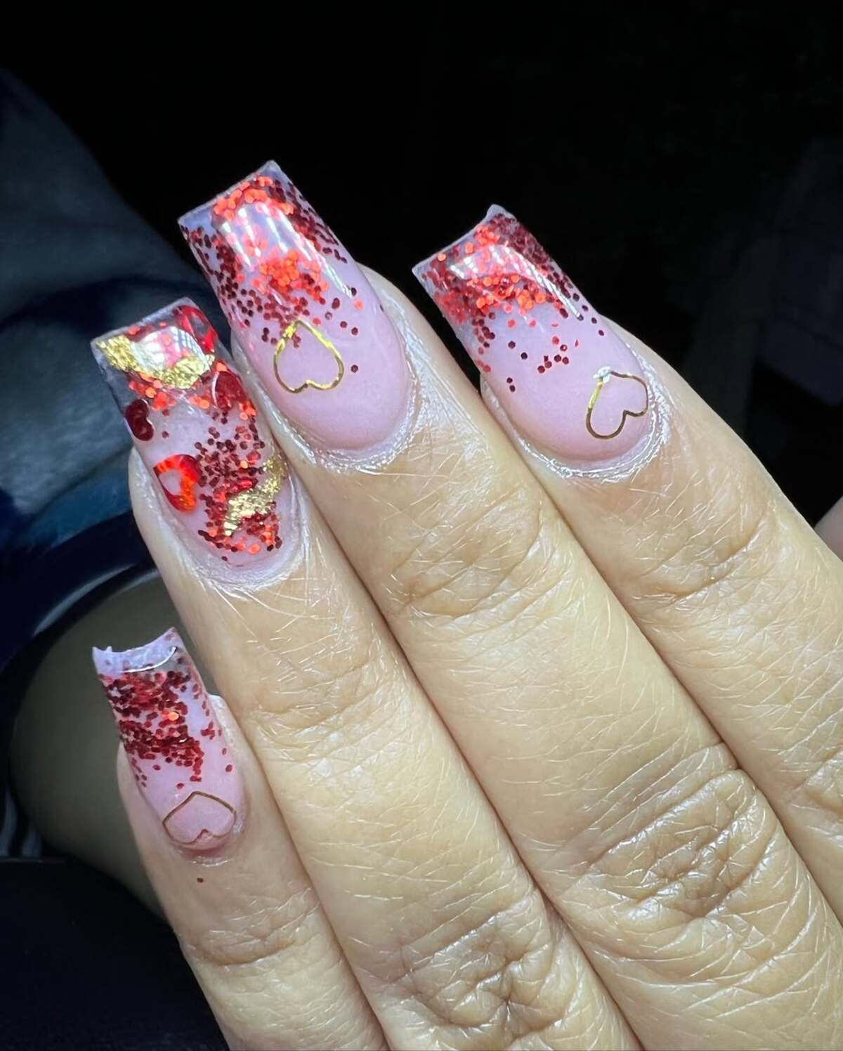 20. Red Glitter Tips with Encased Gold Hearts