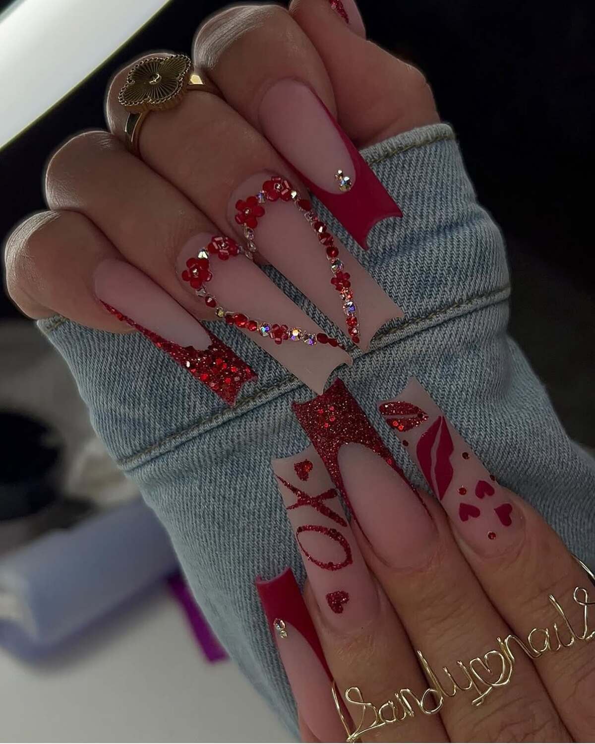 1. Romantic Red Glitter Accents with Rhinestones