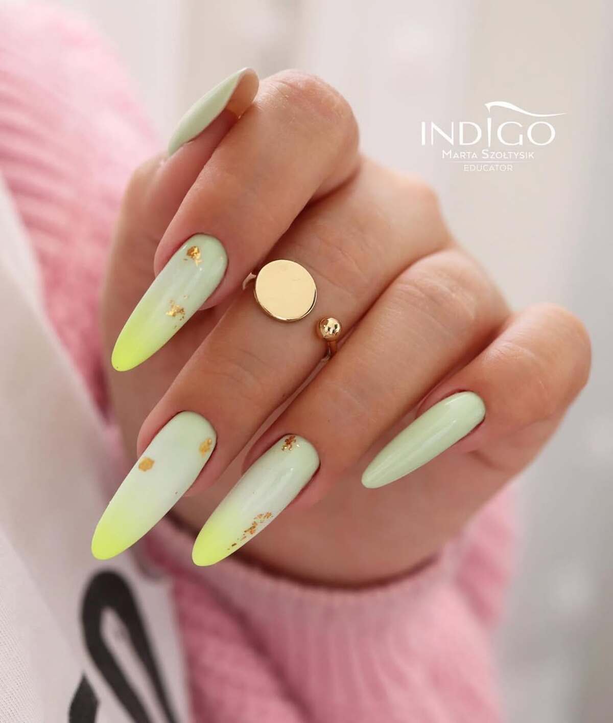 14. Lime Green and Gold Accented French Tips