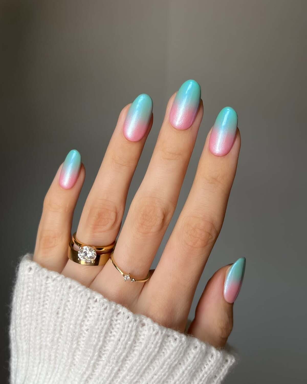 18. Aqua and Pink Ombre with a Shimmer Finish