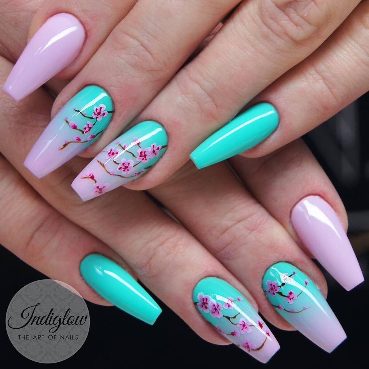 23. Cherry Blossom French Tips with Mint and Lavender