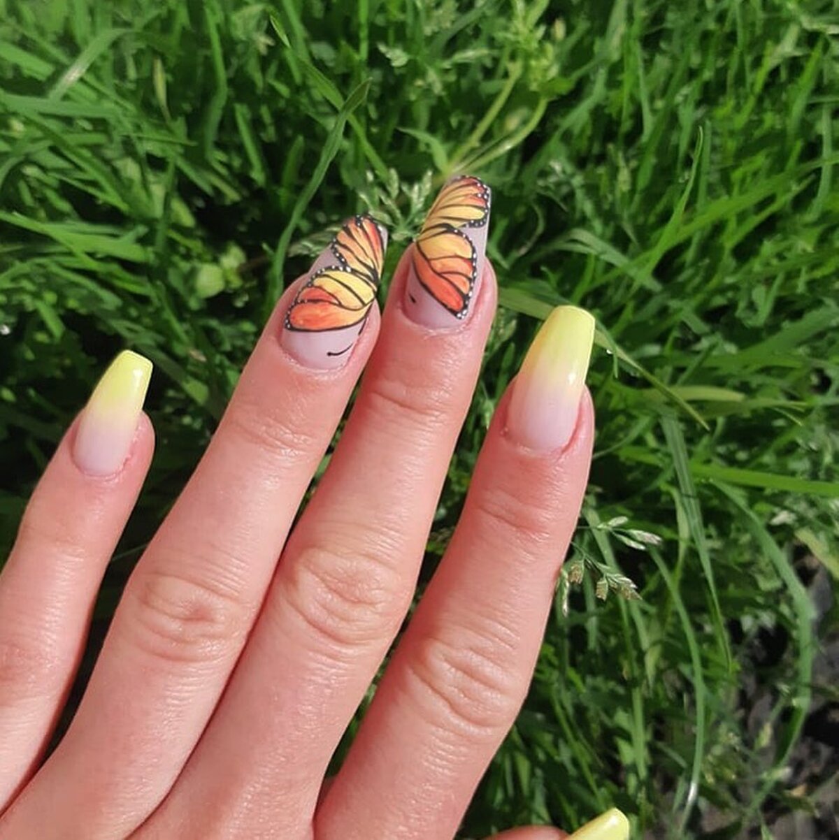 26. Yellow French Tips with Butterfly Art